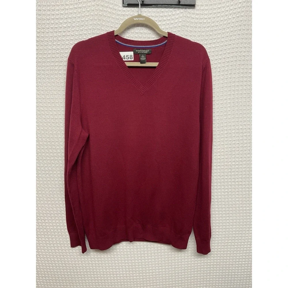 Banana Republic Sweater Men's Large Burgundy Long Sleeve V-Neck Extra Fine Wool‎